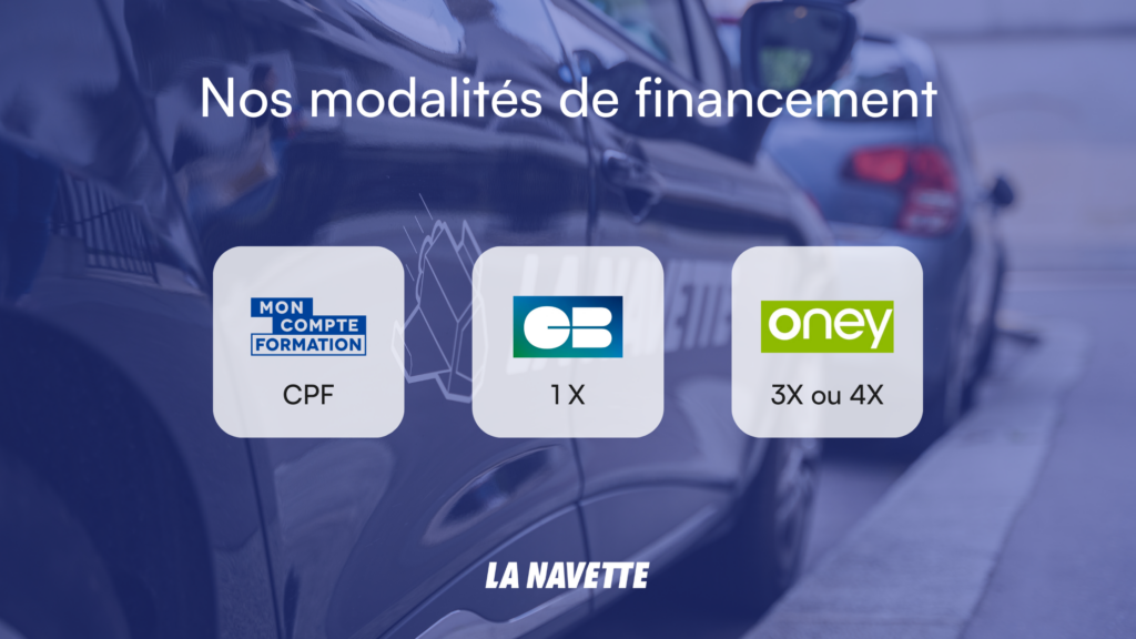 Visuel La Navette présentant les modalités de financement : CPF, paiement en 1 fois par carte bancaire, ou en 3 à 4 fois via Oney.